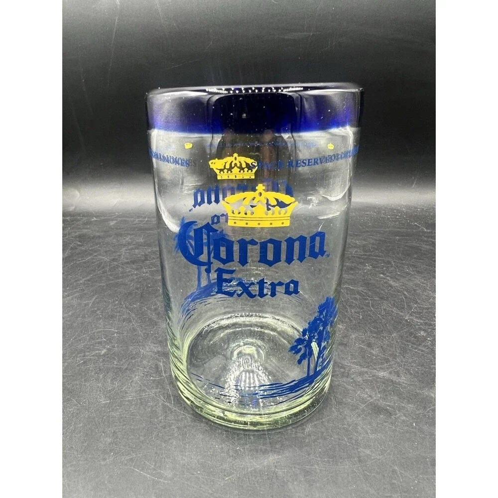 Corona Extra Beach Tiki Beer Glass Cobalt Blue Rim 5 3/8” Palm Trees Pint
